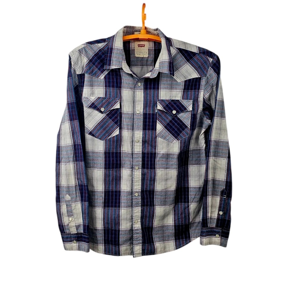 Levi's Pearl Snap Plaid Standard‎ Fit Shirt Large Western Long Sleeve Cowboy